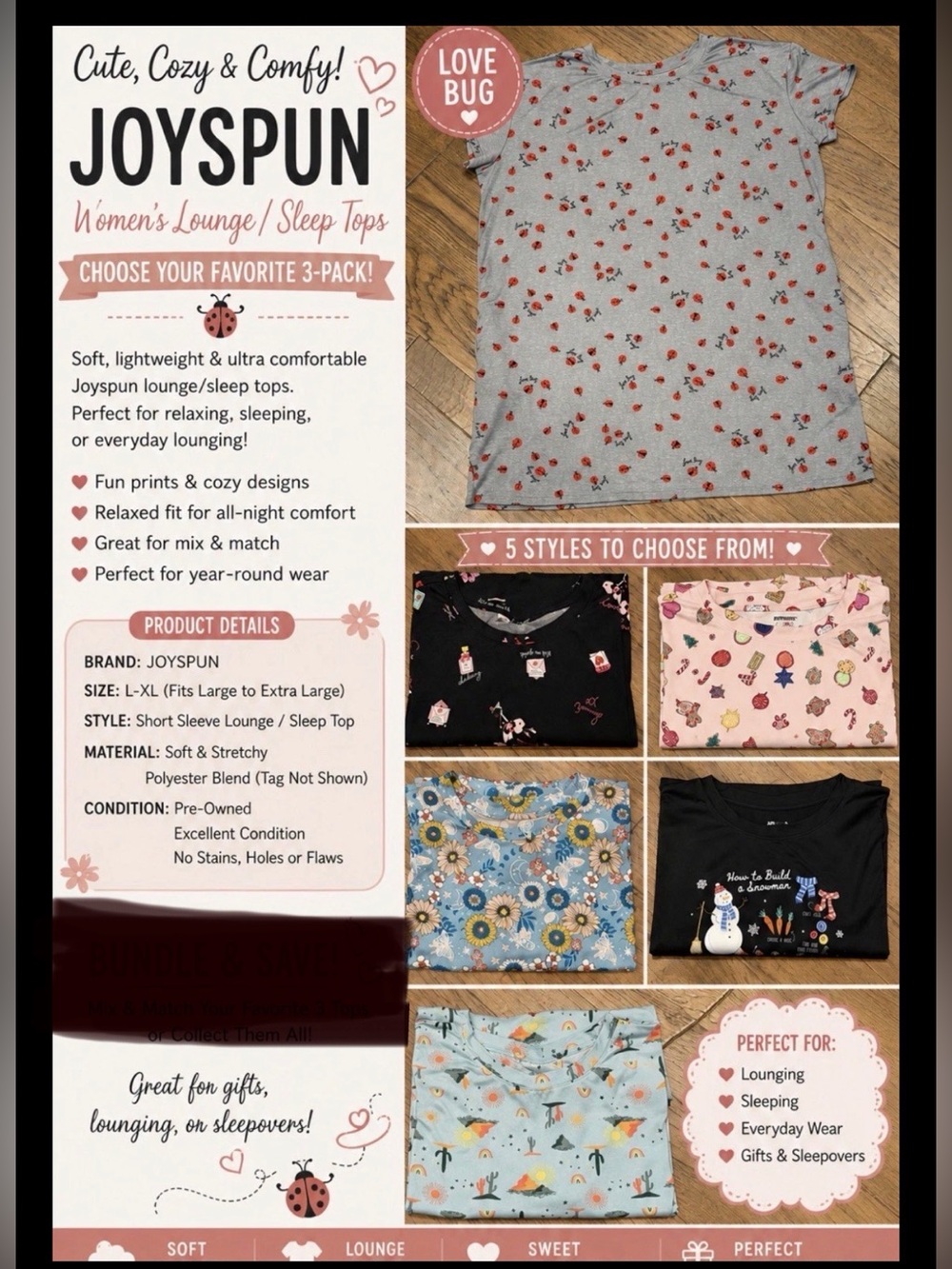 6-Joyspun L-XL Lounge & Sleep Tops | Soft Comfy Bundle. TC